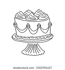 Delicate tasty cake with candles on a stand. Perfect for card of  birthdays, weddings, party, anniversary. Modern trendy doodle style. Vector illustration