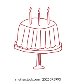 Delicate tasty cake with candles on a stand. Perfect for card of  birthdays, weddings, party, anniversary. Modern trendy doodle style. Vector illustration