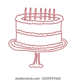 Delicado pastel sabroso con velas en un soporte. Perfecto para la tarjeta de cumpleaños, bodas, fiesta, aniversario. Moderno estilo doodle de moda. Ilustración vectorial