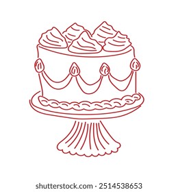 Delicado bolo saboroso em uma banca. Perfeito para cartão de aniversários, casamentos, festa, aniversário. Estilo moderno de doodle moderno. Ilustração vetorial