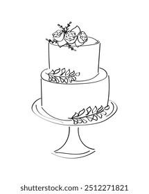 Delicate tasty multi-layer cake with candles on a stand. Perfect for card of  birthdays, weddings, party, anniversary. Modern trendy doodle style. Vector illustration