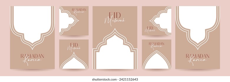 Delicate template design for greeting, discount cards for the great holiday of Ramadan Mubarak. Banners with oriental elements of arches and windows of the mosque, calligraphy. Elegant, modern vector