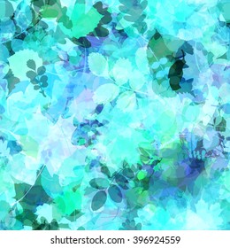 Delicate template with leaves. It looks like the leaves in the fog.
Leaves of trees and shrubs are mixed randomly. Seamless background. Easy editable pattern. Vector. Effect of blur and watercolors