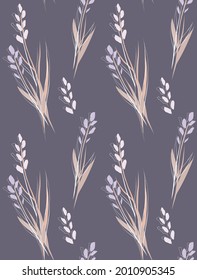 Delicate texture with bouquets of steppe flowers on gray background. Delicate floral texture. Natural fabric with irises sketch on dark backdrop. Vector trendy wallpaper