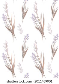 Delicate texture with bouquets of steppe flowers on a white background. Delicate floral texture. Natural fabric with irises sketch. Vector trendy wallpaper