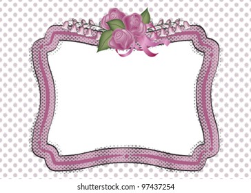 Delicate three  rose bouquet with frame Invitation or Announcement on a  Scallop background for Wedding or Party.