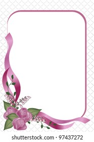 Delicate three  rose bouquet with frame Invitation or Announcement on a  Scallop background for Wedding or Party.
