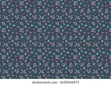 A delicate tiny floral pattern emerges against a deep navy background, with an array of vibrant flowers dancing throughout the design. The diminutive blooms in shades of blue and purple .