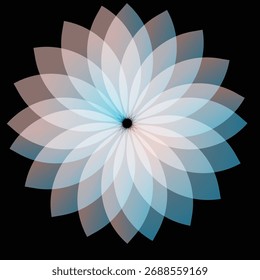 Uma flor abstrata delicada e translúcida com pétalas sobrepostas de branco e azul claro, criando um olhar sereno e etéreo sobre um fundo preto.