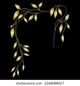 Delicate tree branch with leaves. Liana vine. Beautiful floral motif. Golden glossy silhouette on black background.