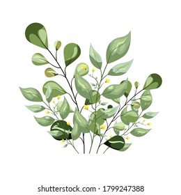 Delicate tropical leaves for the brides bouquet. A branch of mint-colored flowers. card with floral illustration.
