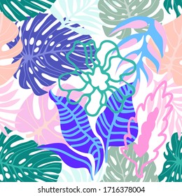 Delicate tropical leaves. Seamless pattern with floral elements. Aloha textile collection. Template for textile design, cards, covers.