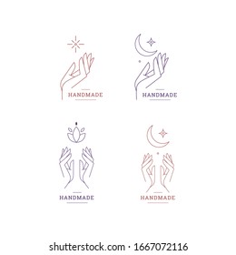 Logotipos Delicados y verdaderos con la imagen de las manos. Ilustración vectorial para las empresas femeninas. Cuidados hechos a mano o a mano. Logo para un salón de belleza o un masaje.