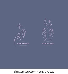 Delicate and true logos with the image of hands. Vector illustration for female business. Handmade or hand care. Logo for a beauty salon or massage.