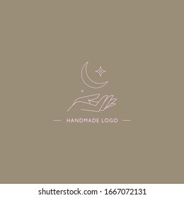 Delicate and true logos with the image of hands. Vector illustration for female business. Handmade or hand care. Logo for a beauty salon or massage.