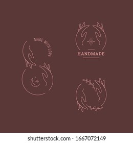 Delicate and true logos with the image of hands. Vector illustration for female business. Handmade or hand care. Logo for a beauty salon or massage.