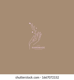 Delicate and true logos with the image of hands. Vector illustration for female business. Handmade or hand care. Logo for a beauty salon or massage.