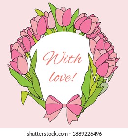 Delicados tulipanes en una postal redonda al estilo de doodle de colores para mujeres queridas, con amor