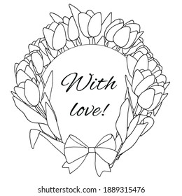 Delicate tulips on a round postcard in doodle style for beloved women, with love. Holiday banner, web poster, flyer, stylish brochure, greeting card, cover