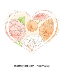 Delicate tulips and peonies in the heart on a white background