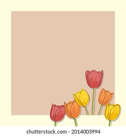 Delicate tulips square frame, shades of red, orange and yellow. Floral vector illustration. Greeting card template. Wedding design clip art. Simple flowers arrangement. Outline and flat colors