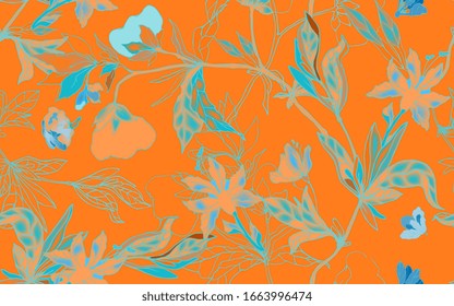 Delicado adorno floral turquesa de ramas, hojas e inflorescencias sobre un fondo de mandarina anaranjado.Patrón sin problemas. Ilustración hecha a mano por vectores.
