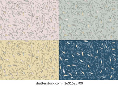 Delicate twigs with leaves. Seamless background, vector illustration. 
Four different color options.