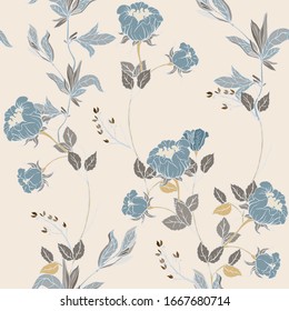 Delicate twigs of light blue wild roses with inflorescences, leaves and petals on a light beige cream background. Floral seamless pattern. Vector hand-drawn illustration with flowers and plants.