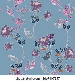 Delicate twigs of light lilac wild roses with inflorescences, leaves and petals on a light blue background. Floral seamless pattern. Vector hand-drawn illustration with flowers and plants.