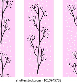Delicate twigs with seeds, buds, drawn with a thin line  on a pink striped background with dots.seamless pattern
