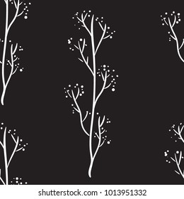 Delicate twigs with seeds, buds, drawn with a thin line on a black background, seamless pattern drawn by hand, minimalistic seamless pattern, monochrome vector design.
