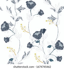 Delicate twigs of wild black roses with inflorescences, leaves and petals on a white background. Floral seamless pattern. Vector hand-drawn illustration with flowers and plants.