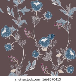 Delicate twigs of wild blue roses with inflorescences, leaves and petals on a dark brown background. Floral seamless pattern. Vector hand-drawn illustration with flowers and plants.