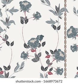 Delicate twigs of wild blue roses with inflorescences, leaves and petals with a gold vertically chains on a white background. Floral seamless pattern. Vector hand-drawn illustration with flowers
