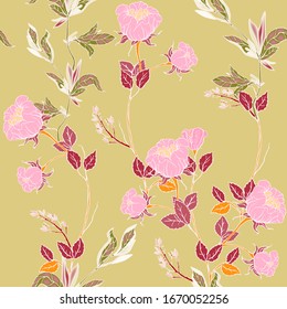 Delicate twigs of wild pink roses with inflorescences, leaves and petals on a light sage chartreuse green background. Floral seamless pattern. Vector hand-drawn illustration with flowers and plants.