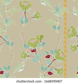 Delicate twigs of wild roses with inflorescences, leaves and petals with a gold vertically chains on a sage green background. Floral seamless pattern. Vector hand-drawn illustration with flowers
