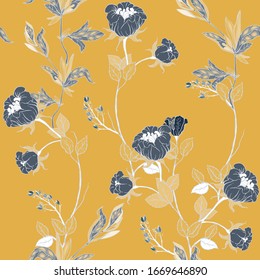 Delicate twigs of wild roses with inflorescences, leaves and petals on a ochre tan background. Floral seamless pattern. Vector hand-drawn illustration with flowers and plants.