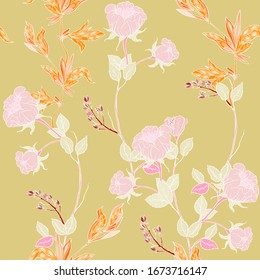 Delicate twigs of wild roses with inflorescences, leaves and petals on a light sage green, cream background. Floral seamless pattern. Vector hand-drawn illustration with flowers and plants.
