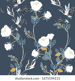 Delicate twigs of wild white roses with inflorescences, leaves and petals on a dark blue background. Floral seamless pattern. Vector hand-drawn illustration with flowers and plants.