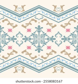 Delicate Twist Traditional Motif Luxury Abstract Chevron Victorian Decoration Beige Background. Colorful Exquisitely Sweet Pink Gold Blue Embroidery Design for Classy Rich Design Silk Scroll Ornament