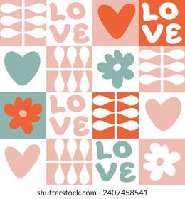 Delicado patrón sin fisuras de San Valentín con corazones y texto AMOR. Impresión geométrica para tee, papel, tela, textil. Ilustración vectorial de estilo retro.
