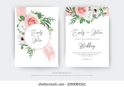 Delicate vector art wedding invite and save the date card set with editable floral decoration. Watercolor blush pink rose flowers, ivory white anemone, lilac, eucalyptus and palm leaves wreath bouquet