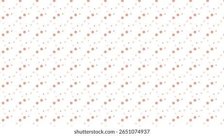 A delicate vector background with diagonal rows of various sized pink and orange polka dots on a white base, perfect for sweet and playful designs.