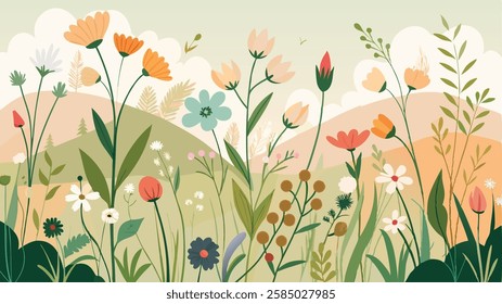 A delicate vector background with a mix of wildflowers in a natural, flowing design