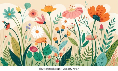 A delicate vector background with a mix of wildflowers in a natural, flowing design