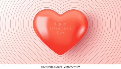 Delicate vector card for Valentine's Day with a voluminous realistic red glossy heart. The 14th of February