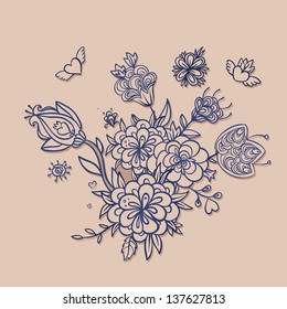 Delicate vector floral composition with blooming garden flowers
