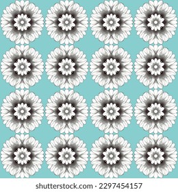 Delicate vector floral seamless repeating pattern with white daisies and little blue flowers on pastel background, perfect for meditation or relaxing greeting cards.