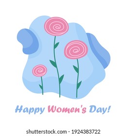 Delicate vector flower, rose with leaves and stem. Isolated on white background. March 8. International Women's Day. Celebration. For printing, fabrics, textiles, postcards. English text