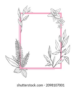 Delicate vector flowers in a retro style of gray color around a pink rectangular frame, perfect for a wedding invitation, Valentine's Day cards, banner for a declaration of love
